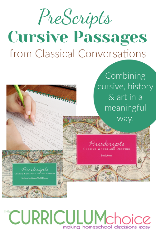 Prescripts from Classical Conversations offer a meaningful way to practice cursive handwriting by incorporating history and art concepts into the lessons.