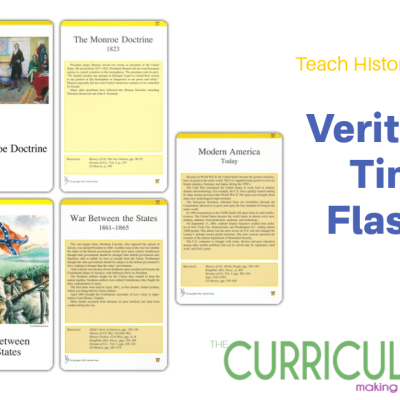 Use Veritas Press Timeline Flashcards to teach history chronologically. Each card has a picture on the front and details/resources on the back.