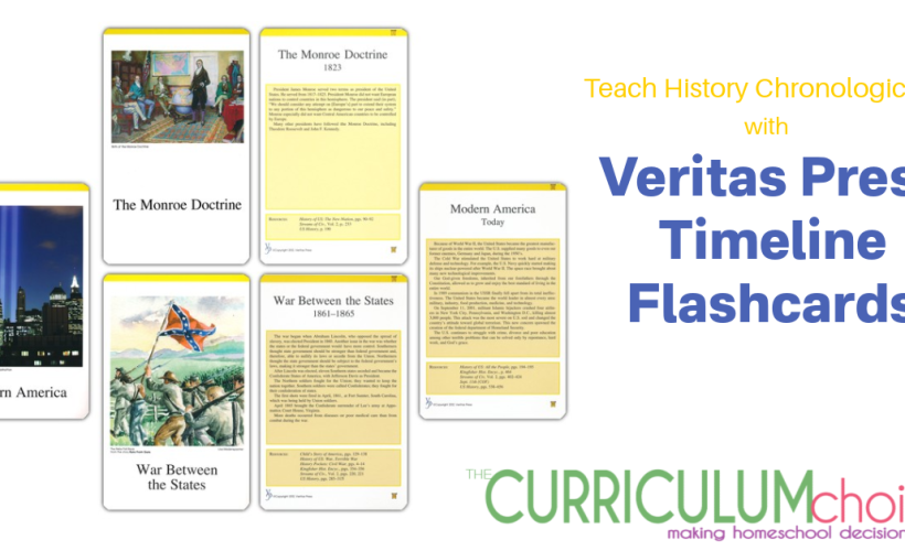 Use Veritas Press Timeline Flashcards to teach history chronologically. Each card has a picture on the front and details/resources on the back.