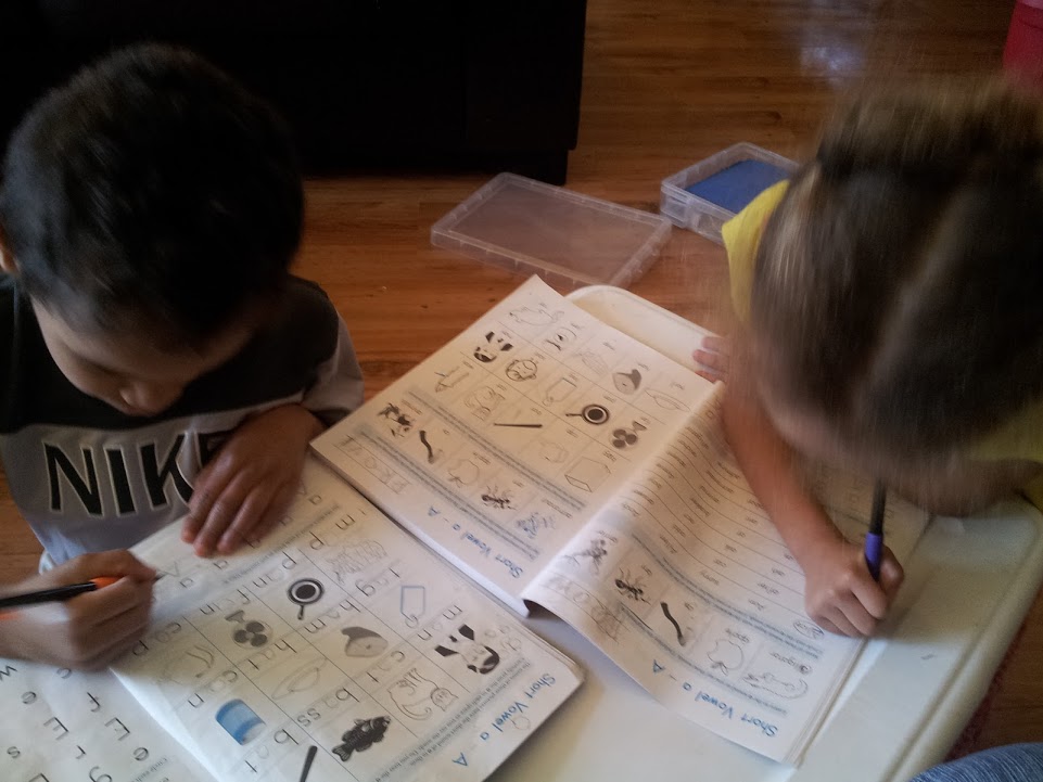 Twins working on Adventures in Phonics