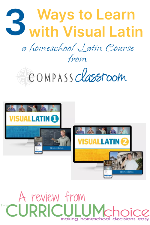 Visual Latin from Compass Classroom is a full credit homeschool Latin course for kids ages 10+ that uses short videos and worksheets.