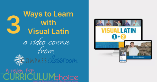 Visual Latin from Compass Classroom is a full credit homeschool Latin course for kids ages 10+ that uses short videos and worksheets.