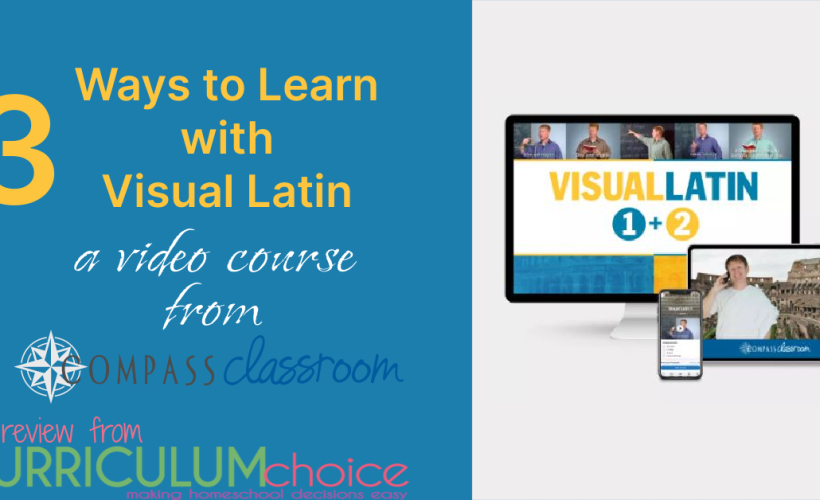 Visual Latin from Compass Classroom is a full credit homeschool Latin course for kids ages 10+ that uses short videos and worksheets.