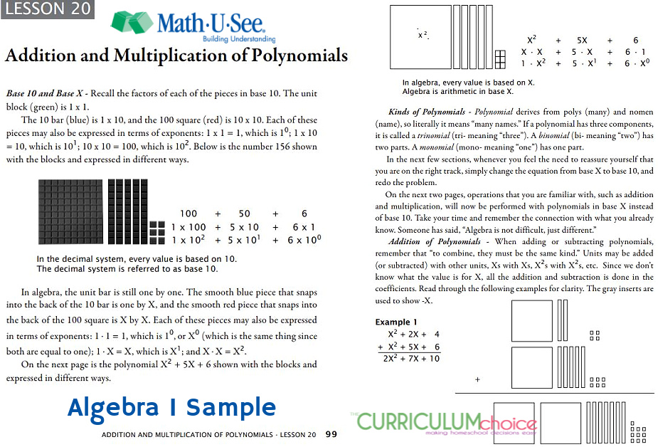 Math-U-See Algebra I is a hands on algebra curriculum that is great for visual-spatial learners using manipulatives to demonstrate problems.