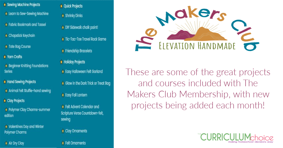 The Makers Club from Elevation Handmade provides online craft course membership for kids (Adults can do it too!) They use videos and print out to teach things like knitting, sewing, clay, and other crafty projects.