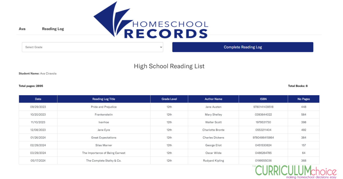 Homeschool Records Reading Log